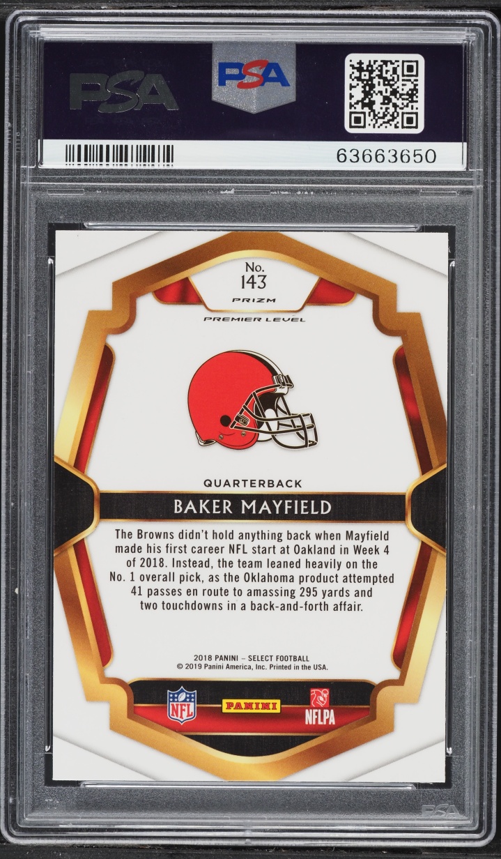 2018 Select Premier Level Silver Prizm Baker Mayfield ROOKIE #143 PSA 10 GEM MINT