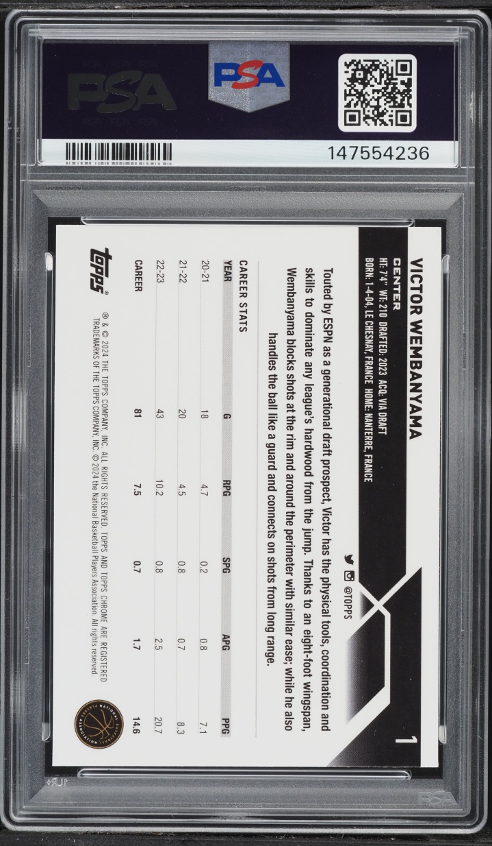 2023 Topps Chrome Sapphire Victor Wembanyama ROOKIE #1 PSA 9 MINT