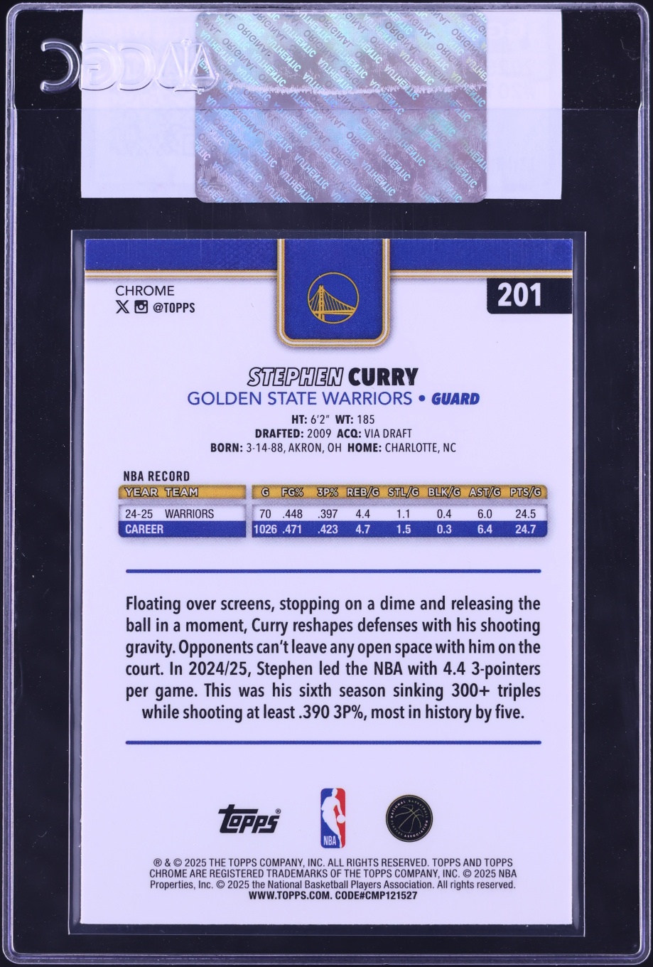 2025 Topps Chrome Stephen Curry #201 CGC AUTH