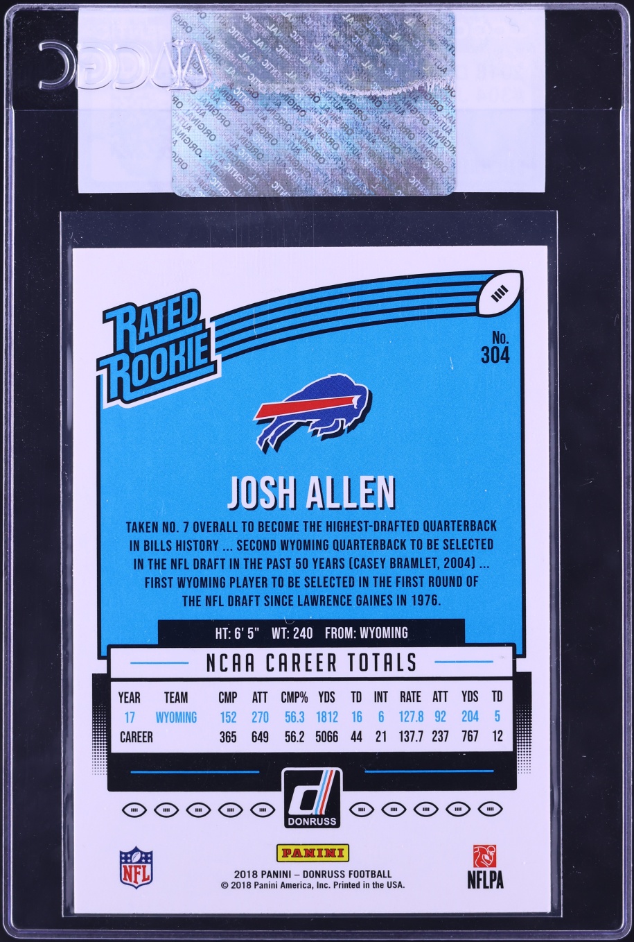 2018 Donruss Football Josh Allen ROOKIE #304 CGC AUTH