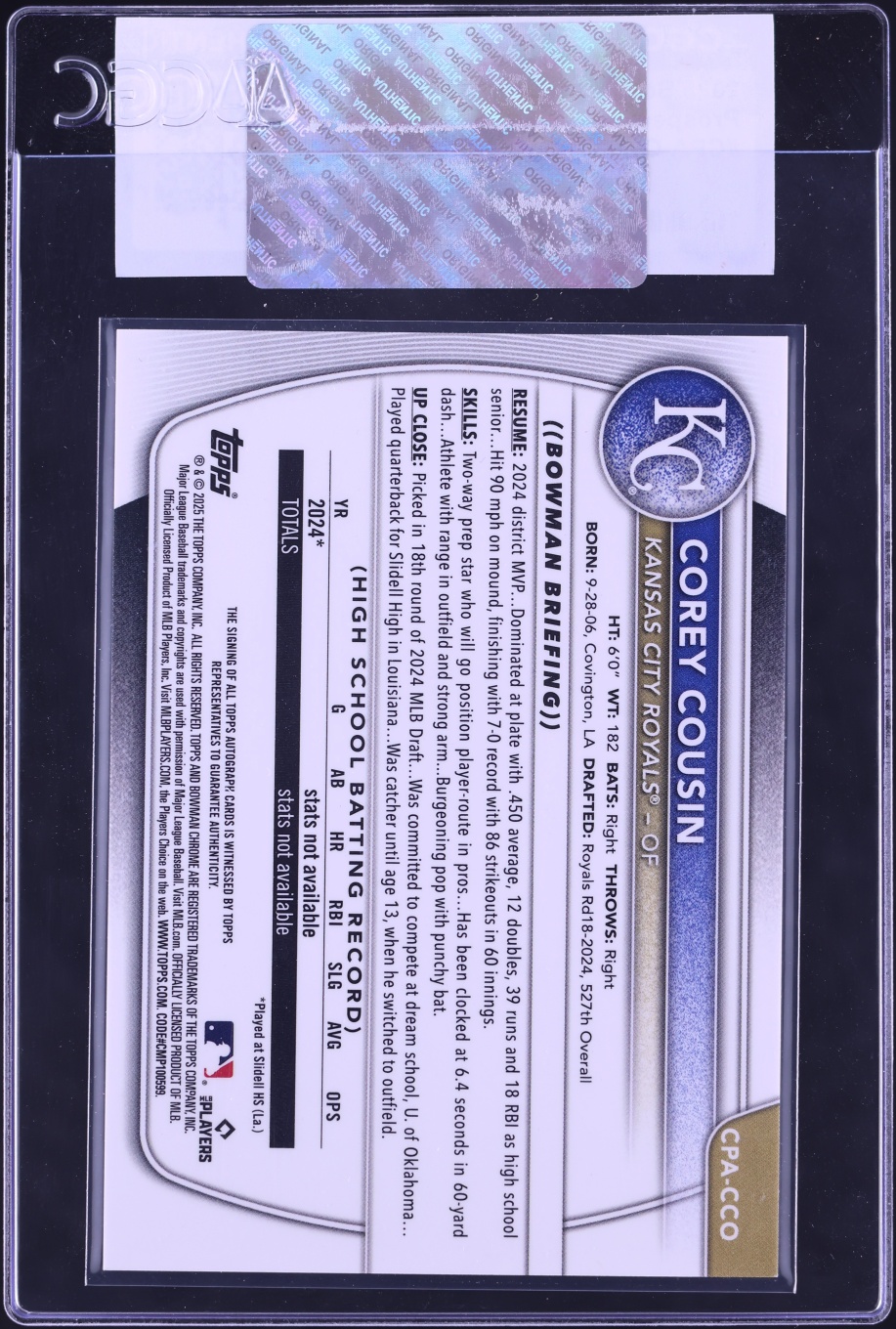 2025 Bowman Chrome Corey Cousin PROSPECT AUTO #CPA-CCO CGC AUTH