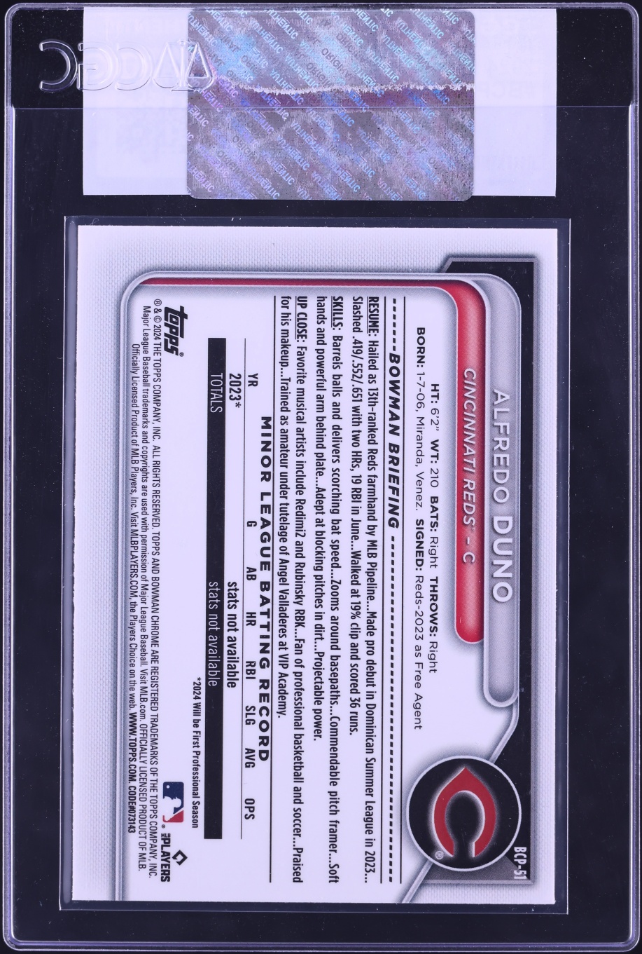 2024 Bowman Sapphire Alfredo Duno #BCP-51 CGC AUTH