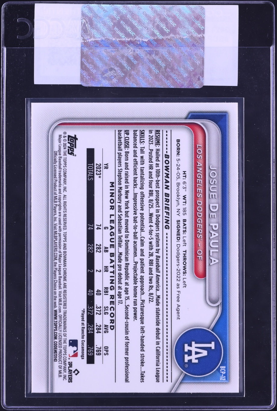 2024 Bowman Sapphire Josue De Paula #BCP-12 CGC AUTH