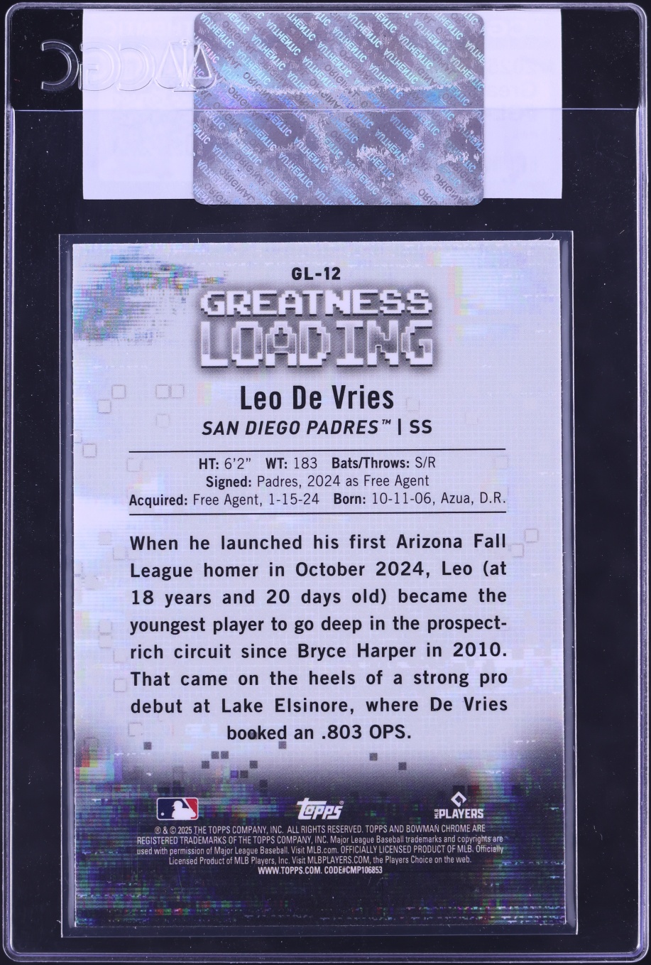 2025 Bowman Chrome Greatness Loading Leo De Vries PROSPECT #GL-12 CGC AUTH