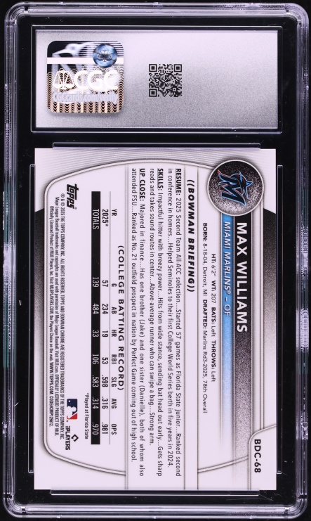 2025 Bowman Chrome Draft Sapphire Gold Max Williams PROSPECT /50 #BDC-68 CGC 10 GEM MINT