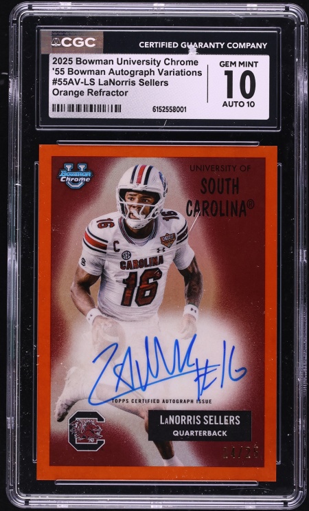 2025 Bowman University Chrome '55 Orange Refractor LaNorris Sellers ROOKIE AUTO /25 CGC 10 GEM