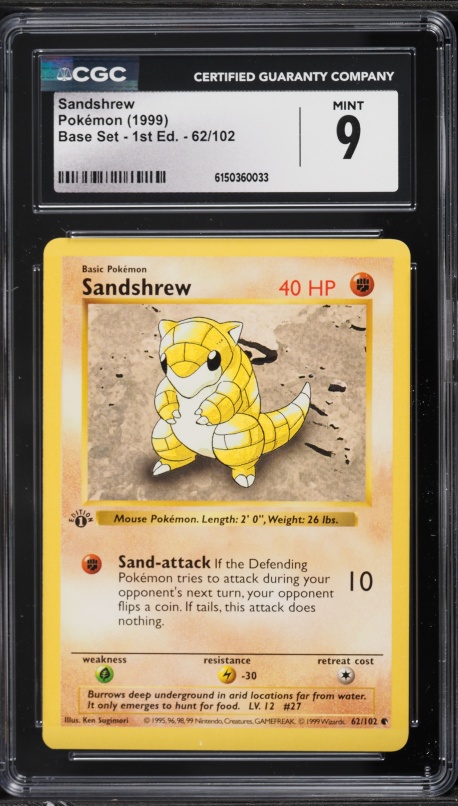 1999 Pokemon Base Set Shadowless 1st Edition Sandshrew #62 CGC 9 MINT