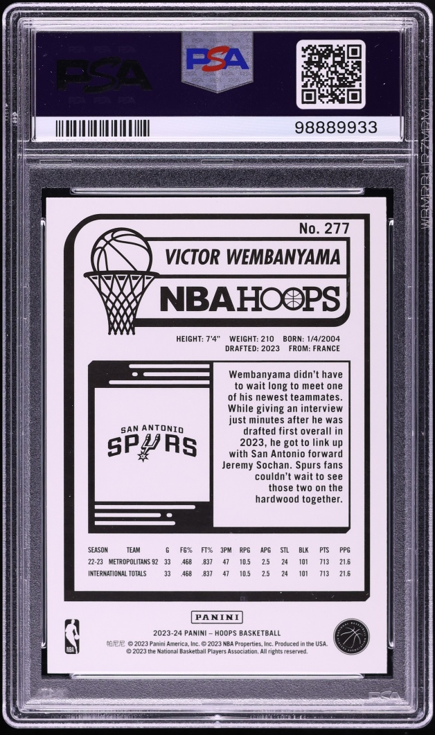 2023 Panini NBA Hoops Red Backs Victor Wembanyama ROOKIE #277 PSA 10 GEM MINT