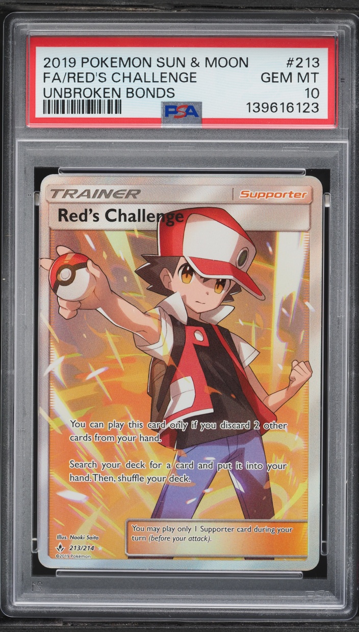 2019 Pokemon Sun & Moon Unbroken Bonds Full Art Red's Challenge #213 PSA 10 GEM MINT