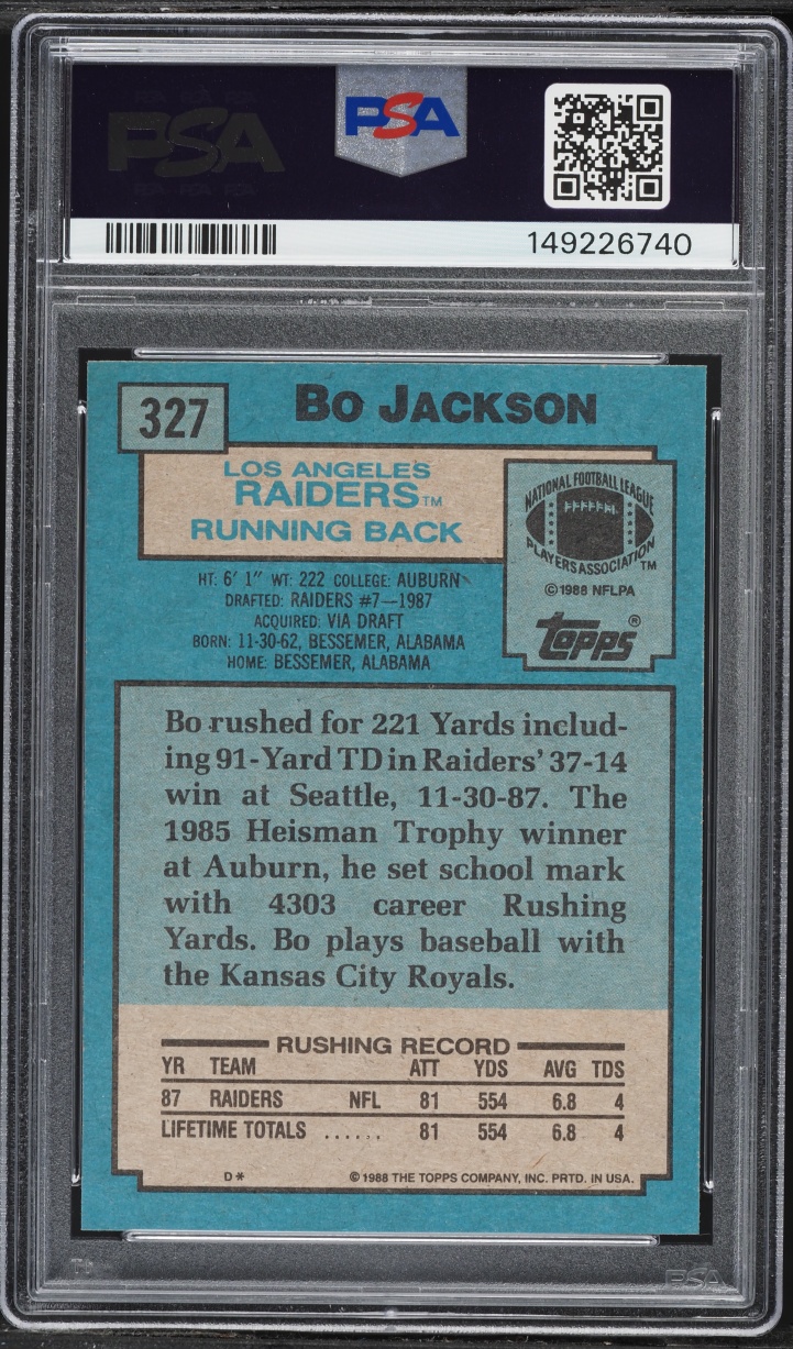 1988 Topps Football Bo Jackson ROOKIE #327 PSA 8 NM-MT