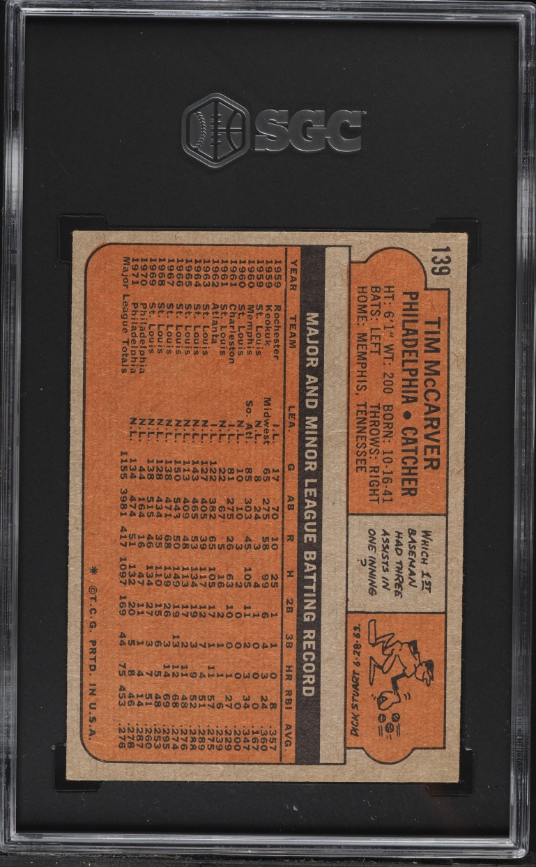 1972 Topps Tim McCarver #139 SGC 5 EX