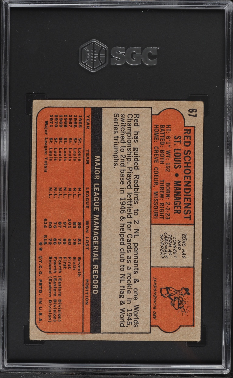 1972 Topps Red Schoendienst #67 SGC 2 GD