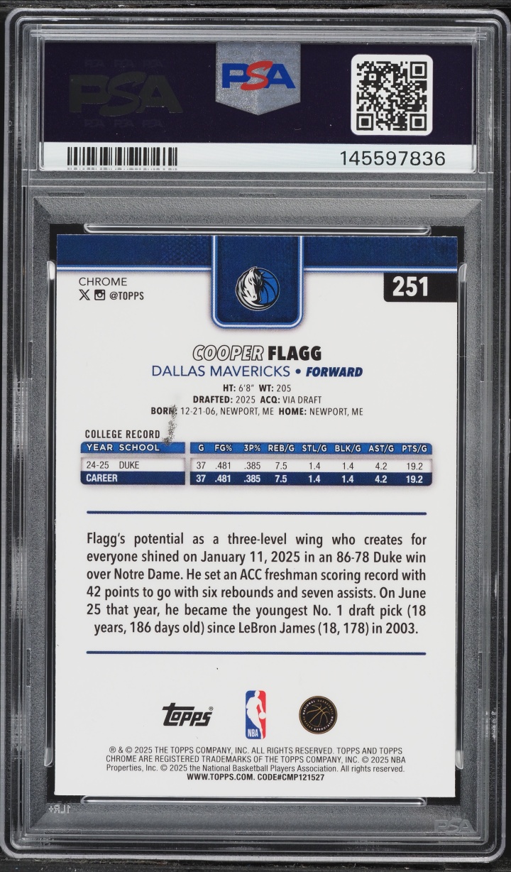 2025 Topps Chrome Basketball Refractor Cooper Flagg ROOKIE #251 PSA 9 MINT