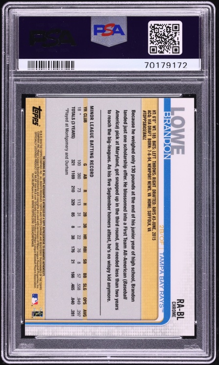 2019 Topps Chrome Brandon Lowe ROOKIE AUTO #RA-BL PSA 10 GEM MINT