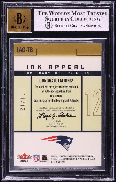 2003 Fleer Mystique Ink Appeal Gold Tom Brady /12 #IAG-TB BGS 8 NM-MT