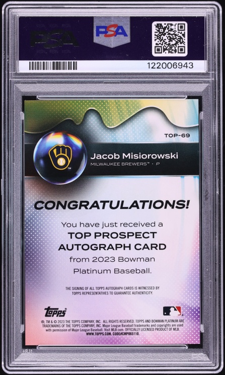 2023 Bowman Platinum Top Jacob Misiorowski PROSPECT AUTO #TOP-69 PSA 10 GEM MINT