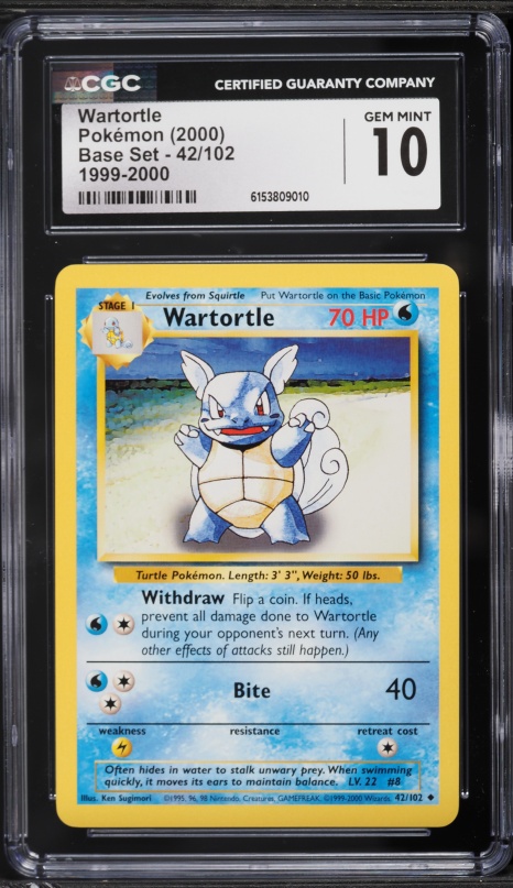 wartortle pokemon card first edition 1999 Base Set Shadowless 1st #42 CGC 8.5 NM-MT+ on Fanatics Collect RarityIllustration Rare Hit Points100 HP Water Free Diving Put up to 3 Basic W Energy cards from your discard pile into your hand. 1999 Pokemon 1st Edition Shadowless