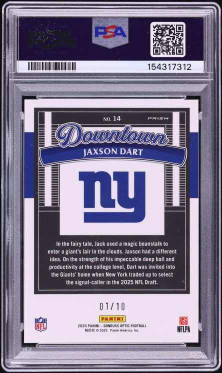 2025 Donruss Optic Downtown Gold Jaxson Dart ROOKIE 1/10 #14 PSA 10 GEM MINT