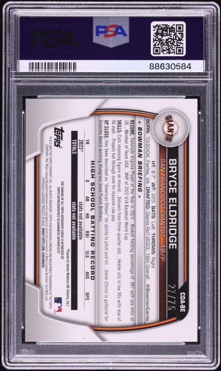 2023 Bowman Chrome Draft Black Refractor Bryce Eldridge PROSPECT AUTO /75 #CDA-BE PSA 9 MINT