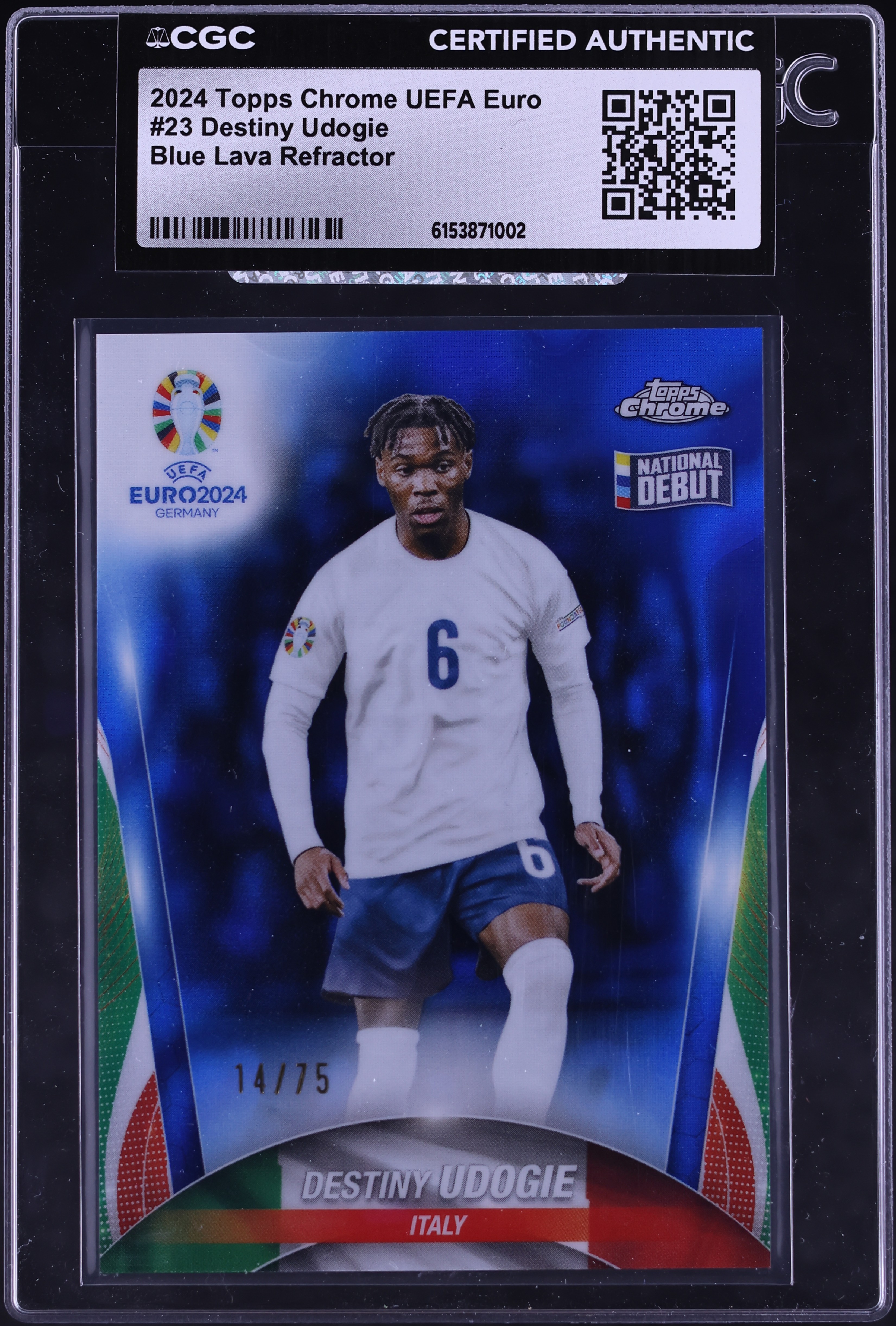 2024 Topps Chrome UEFA Euro Soccer Blue Lava Refractor Destiny Udogie #23