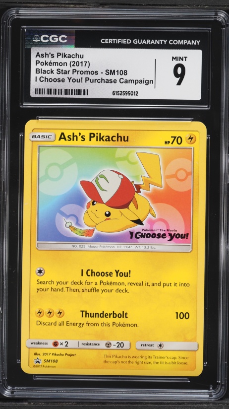 pokemon promo card ash's pikachu sm108 2017 Pokemon Sun & Moon Black Star Promo I Choose You! Ash's Pikachu #SM108  CGC 9 MINT on Fanatics Collect