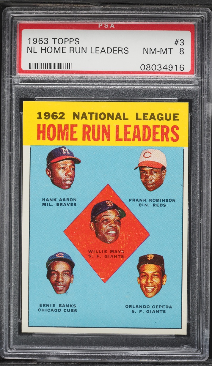 1963 Topps Hank Aaron Willie Mays Ernie Banks Cepeda Robinson NL HOME RUN LEADERS #3 PSA 8