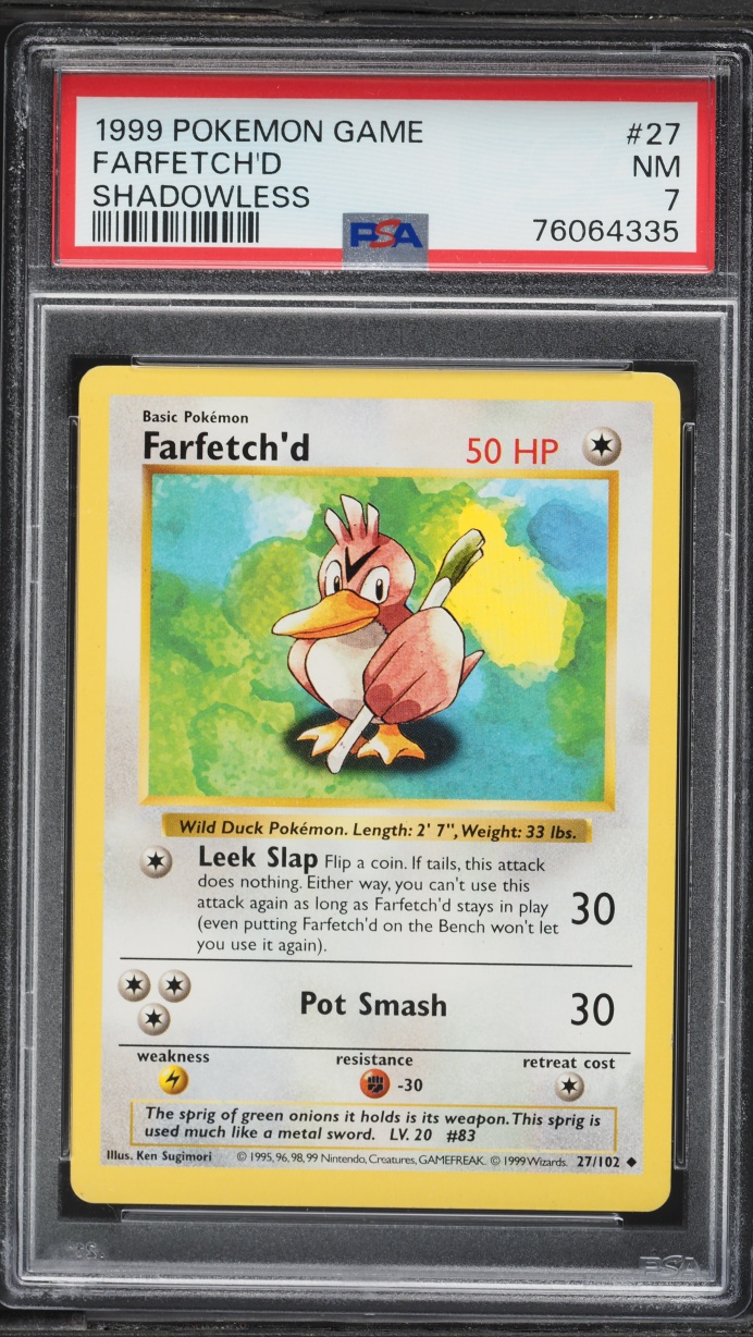 1999 Pokemon Base Set Shadowless Farfetch'd #27 PSA 7 NRMT