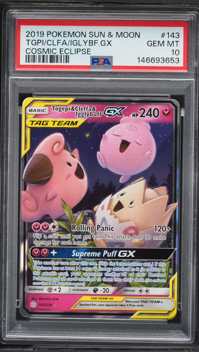 2019 Pokemon Sun & Moon Cosmic Eclipse Holo Togepi & Cleffa & Igglybuff GX #143 PSA 10 GEM MINT