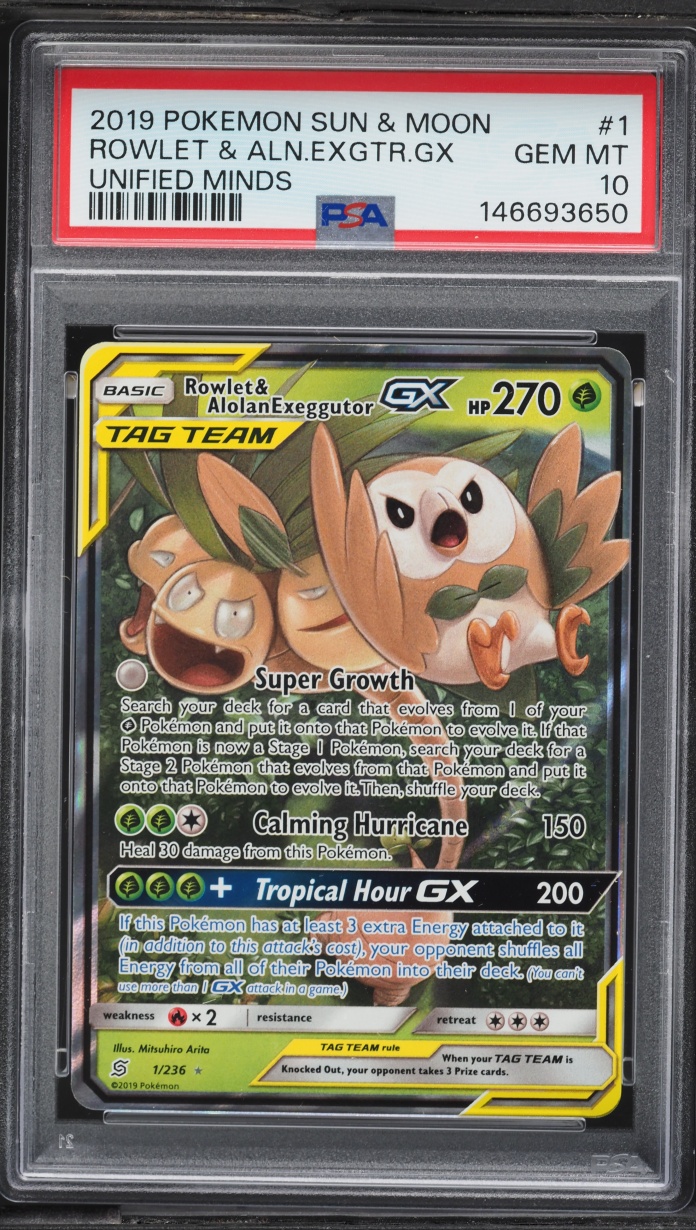 2019 Pokemon Sun & Moon Unified Minds Holo Rowlet & Alolan Exeggutor GX #1 PSA 10 GEM MINT