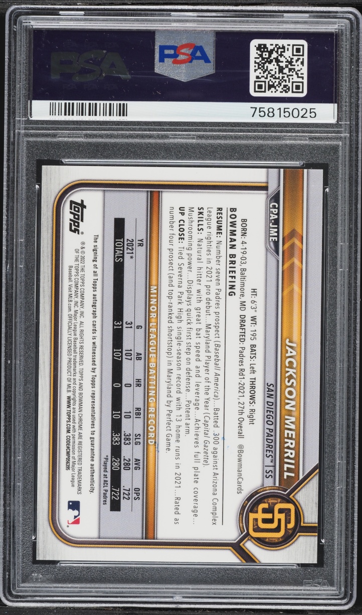 2022 Bowman Chrome Green Atomic Refractor Jackson Merrill AUTO /99 PSA 10 GEM MINT