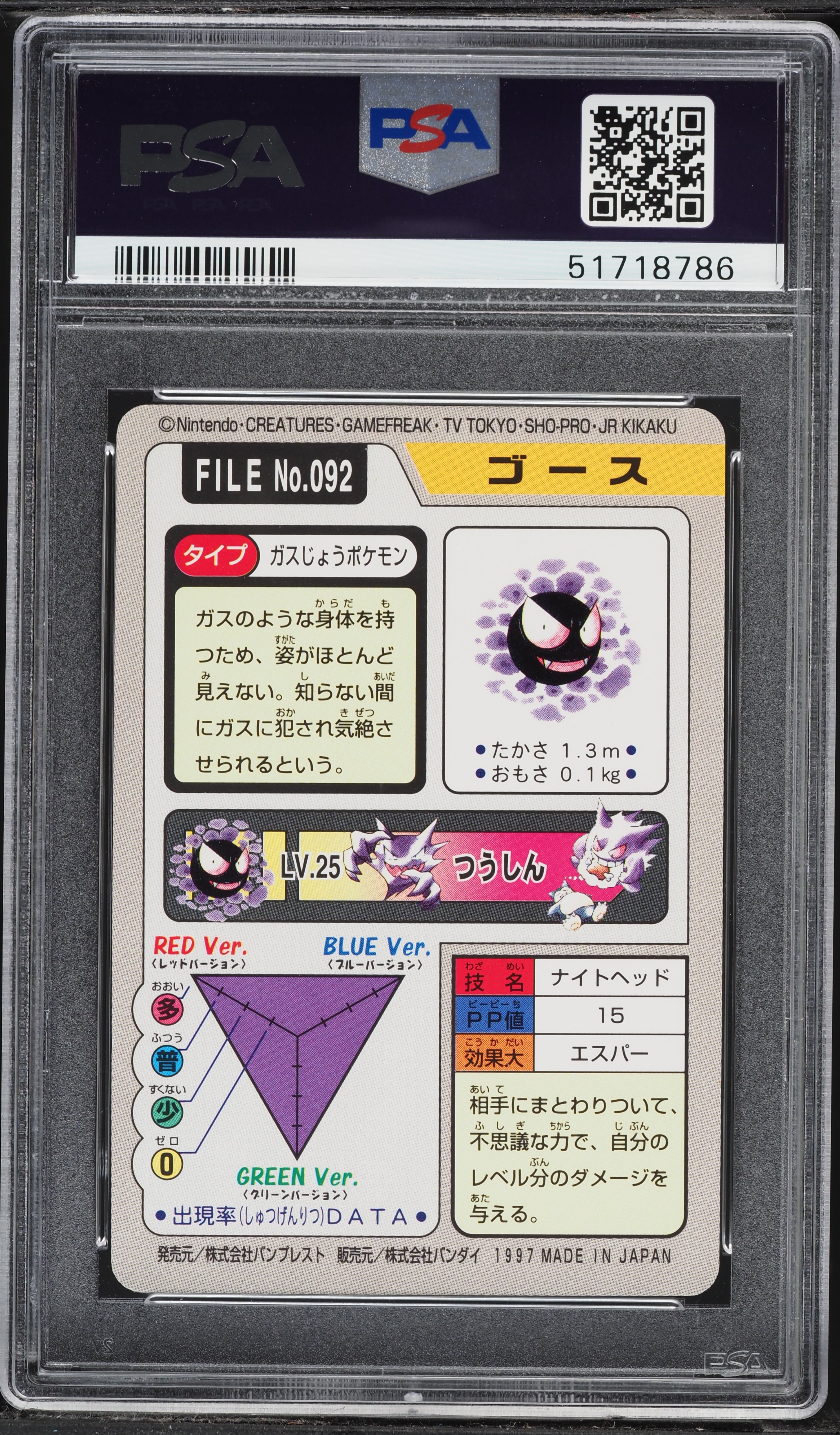 1997 Pokemon Japanese Pocket Monsters Carddass Gastly #092 PSA 9