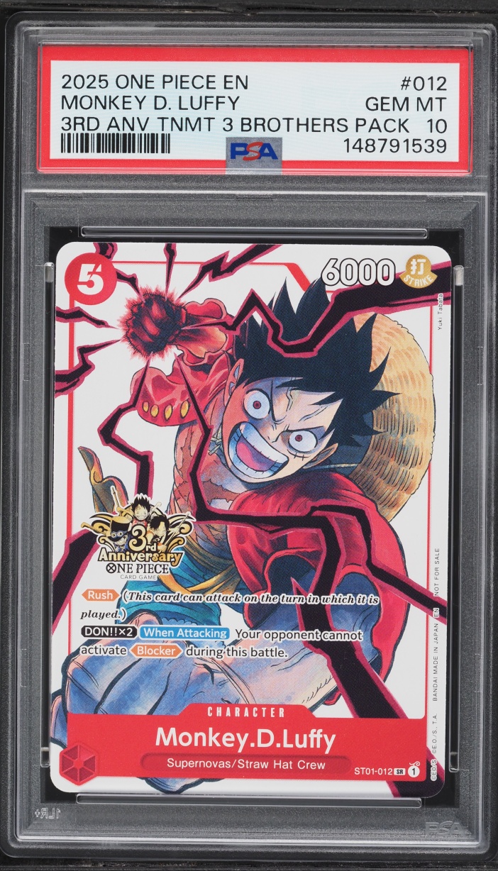 2025 One Piece Promo 3rd Anniv. Tournament 3 Brothers Pack SR Monkey D. Luffy #ST01-012 PSA 10
