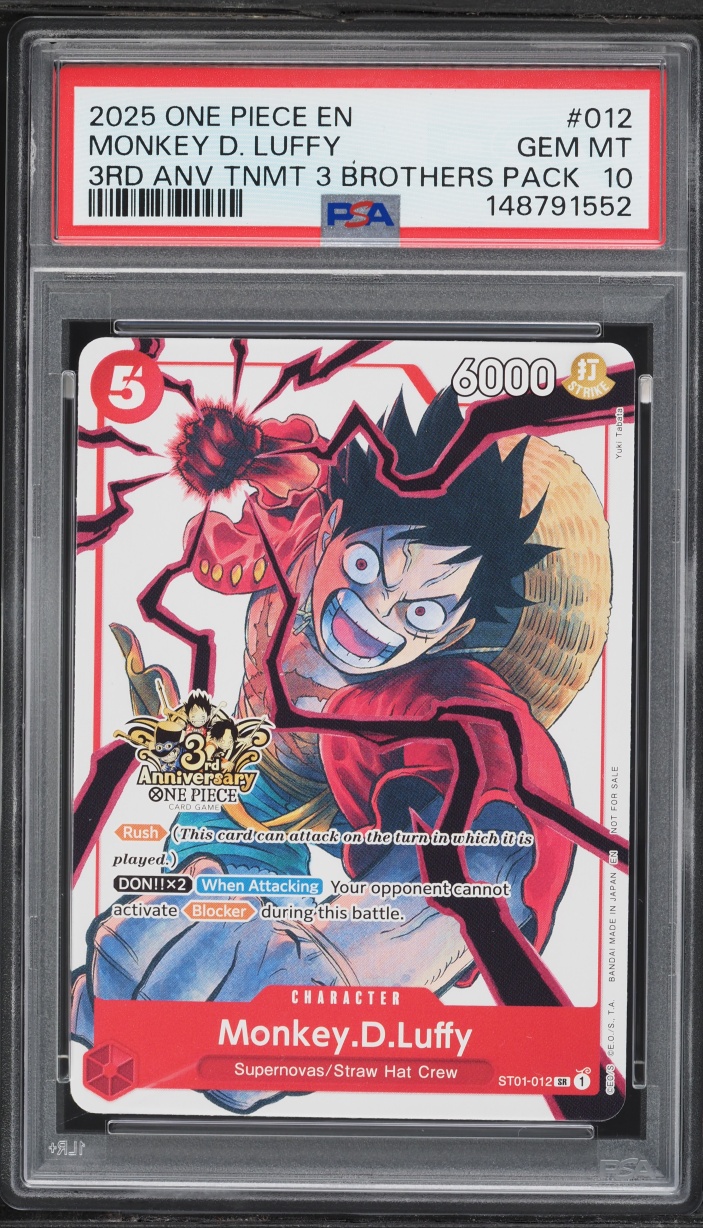 2025 One Piece Promo 3rd Anniv. Tournament 3 Brothers Pack SR Monkey D. Luffy #ST01-012 PSA 10