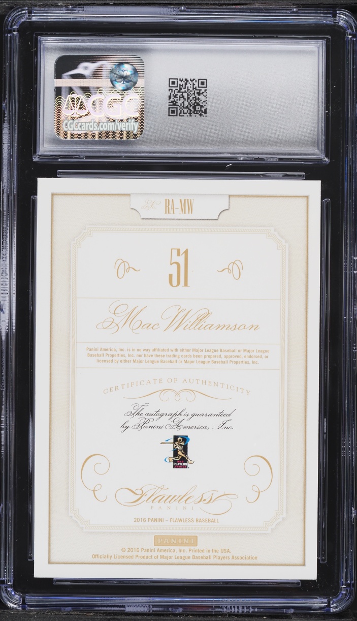 2016 Panini Flawless Sapphire Mac Williamson ROOKIE AUTO /15 #RA-MW CGC 8.5 NM-MT+