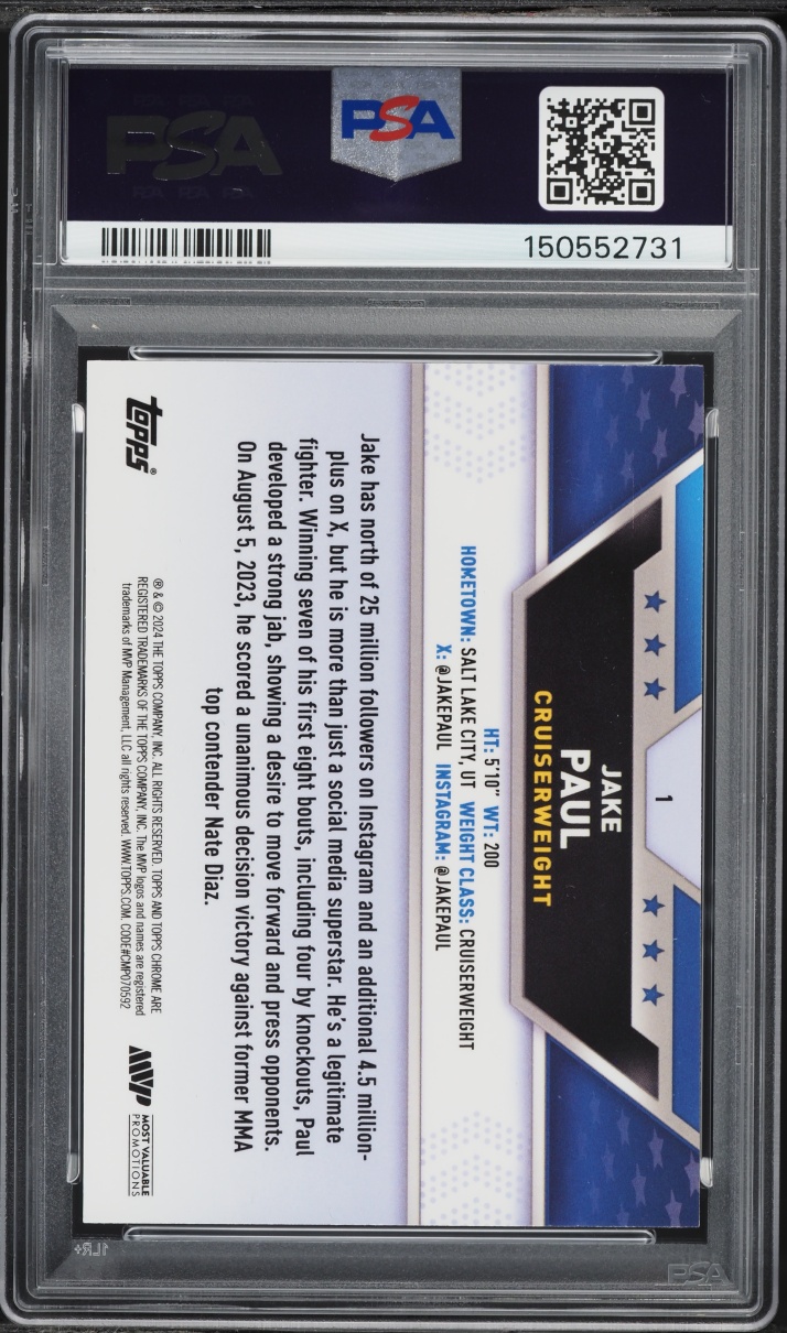 2024 Topps Chrome Boxing Glove Logo Refractor Jake Paul ROOKIE /75 #1 PSA 8 NM-MT