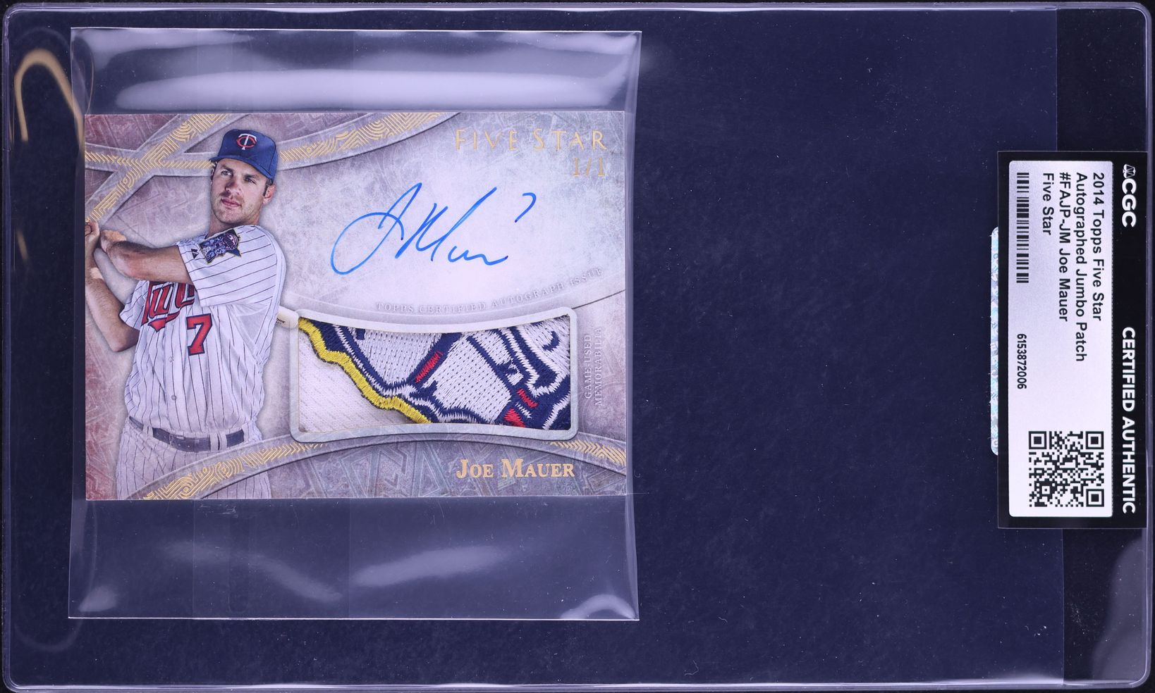 2014 Topps Five Star Jumbo Joe Mauer PATCH AUTO 1/1 #FAJP-JM CGC AUTH
