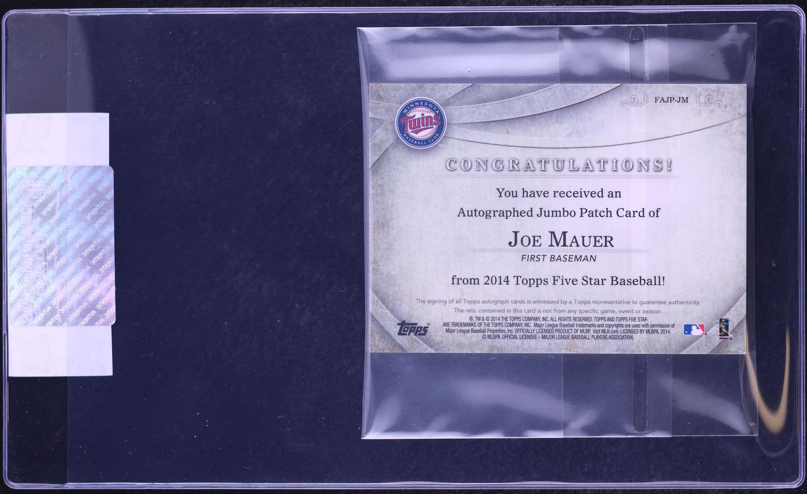 2014 Topps Five Star Jumbo Joe Mauer PATCH AUTO 1/1 #FAJP-JM CGC AUTH