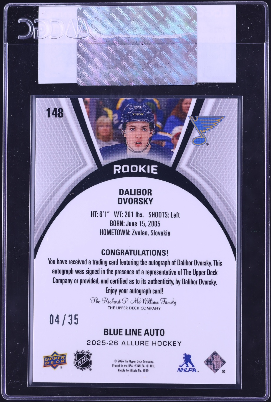 2025 Upper Deck Allure Blue Line Dalibor Dvorsky ROOKIE AUTO /35 #148 CGC AUTH