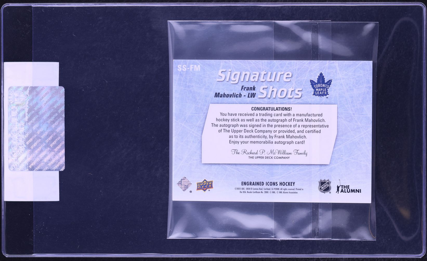 2024 Upper Deck Engrained Icons Signature Shots Stick Frank Mahovlich RELIC #SS-FM CGC AUTH