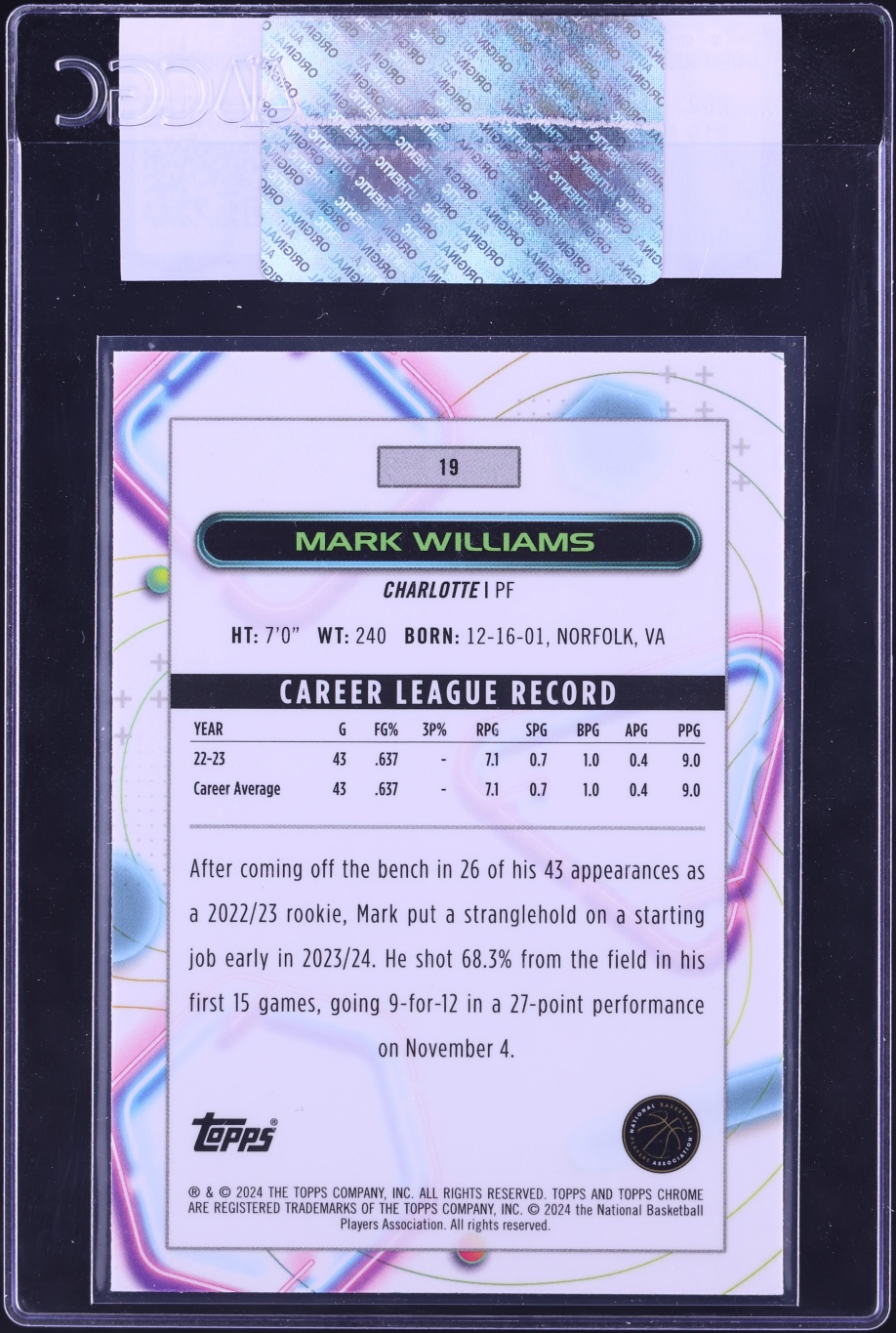2023 Topps Chrome Cosmic Mark Williams #19 CGC AUTH