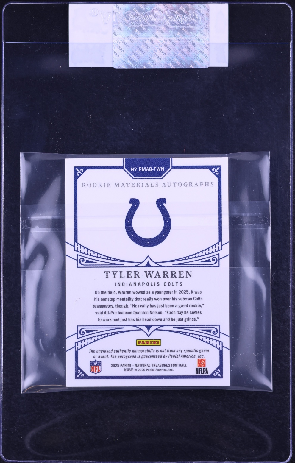 2025 National Treasures Quad Laundry Tag Tyler Warren ROOKIE PATCH AUTO 1/1 #RMAQ-TWN CGC AUTH