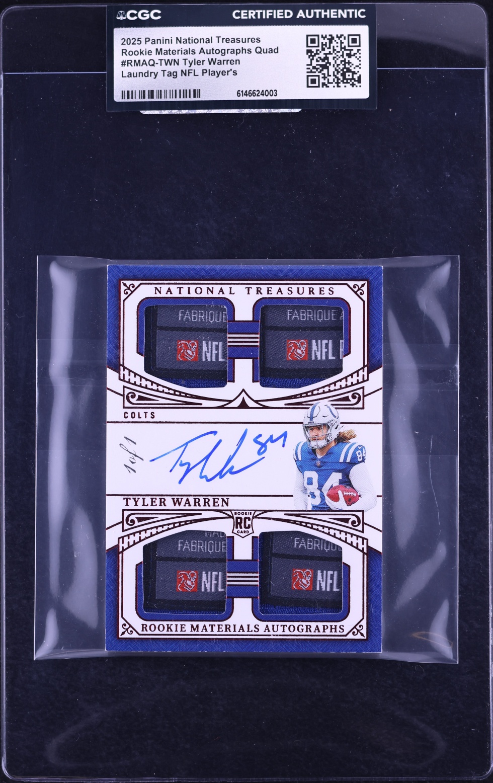 2025 National Treasures Quad Laundry Tag Tyler Warren ROOKIE PATCH AUTO 1/1 #RMAQ-TWN CGC AUTH