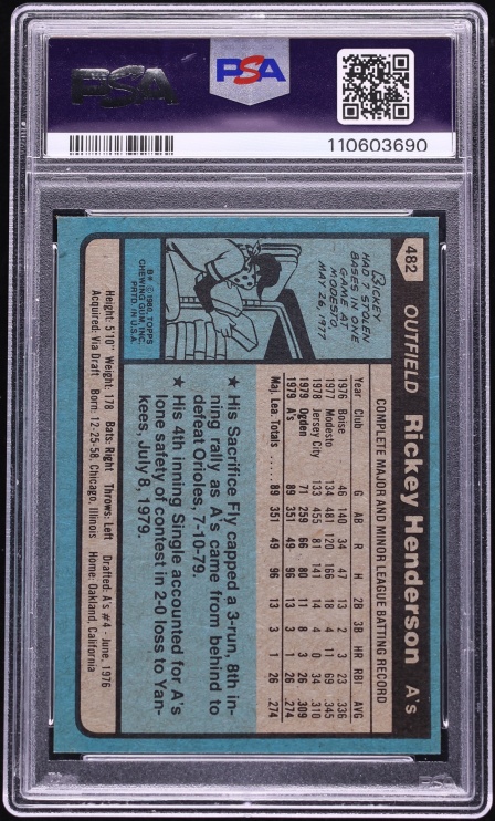 1980 Topps Rickey Henderson ROOKIE #482 PSA 8 NM-MT
