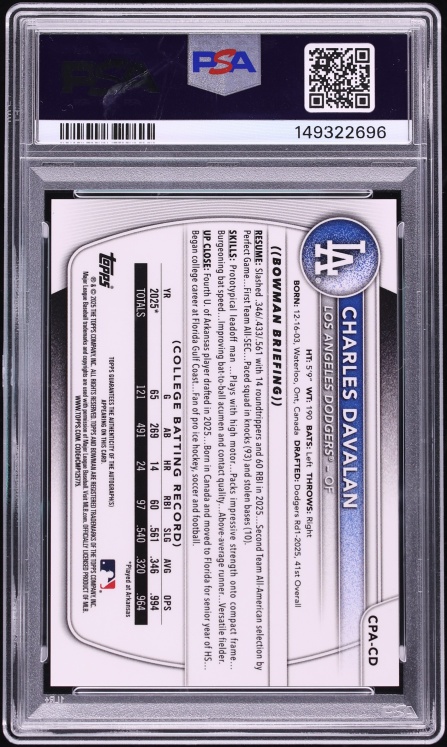 2025 Bowman Chrome Draft Gum Ball Charles Davalan PROSPECT AUTO /5 #CPA-CD PSA 10 GEM MINT