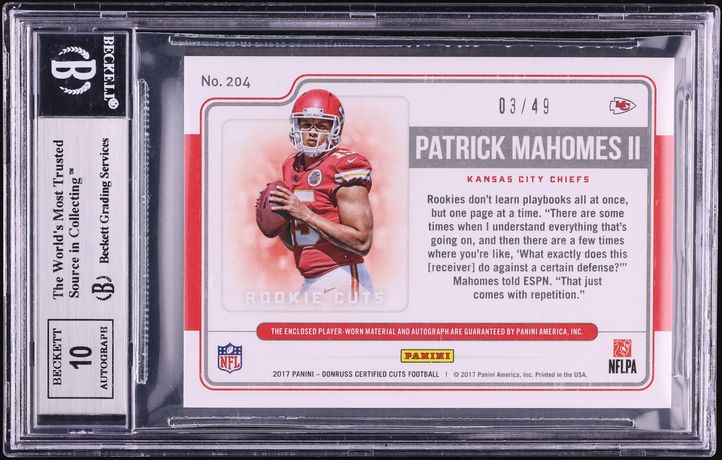 2017 Panini Certified Cuts Patrick Mahomes II ROOKIE PATCH AUTO /49 #204 BGS 9 MINT