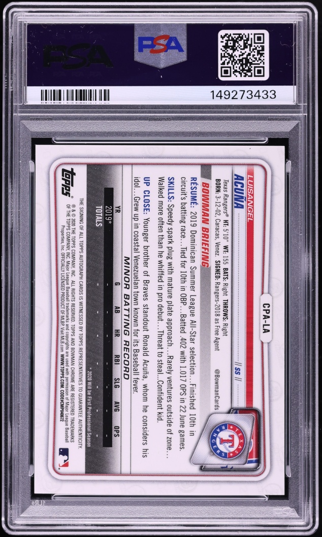 2020 Bowman Chrome Gold Refractor Luisangel Acuna PROSPECT AUTO /50 #CPA-LA PSA 10 GEM MINT