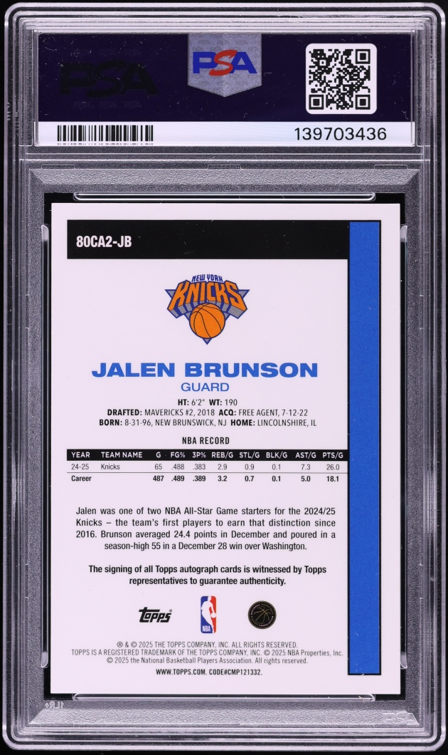 2025 Topps Chrome Silver Pack '80 Gold Jalen Brunson AUTO /50 #80CA2-JB PSA 8 NM-MT