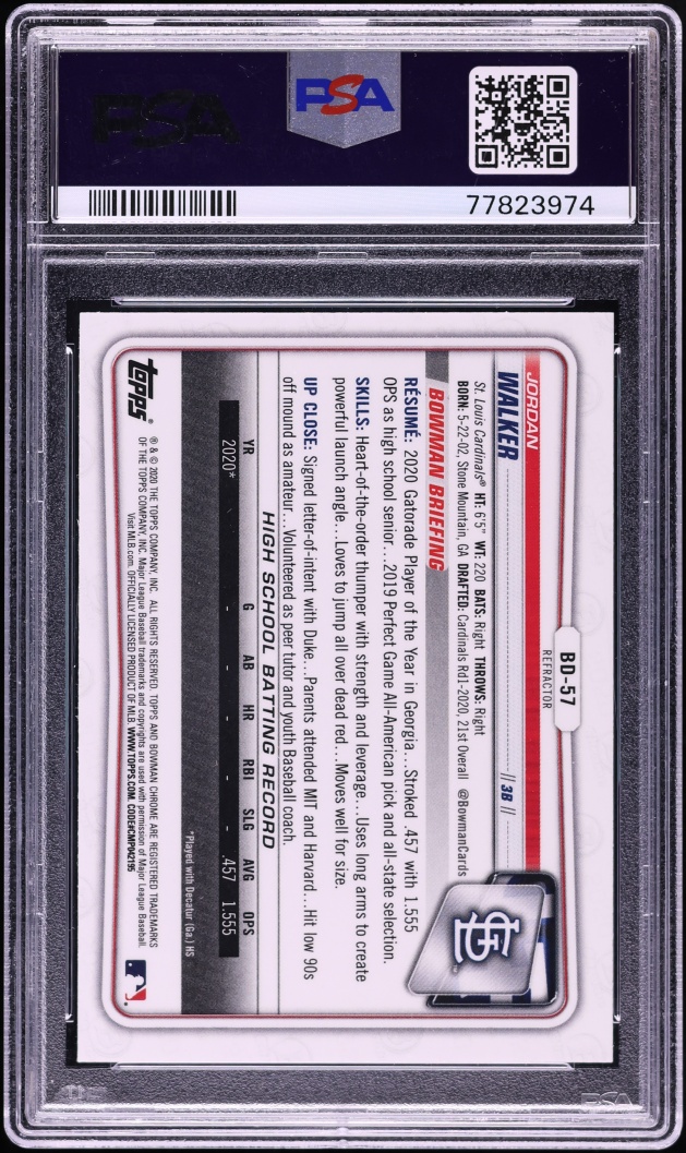 2020 Bowman Chrome Draft Refractor Jordan Walker PROSPECT #BD-57 PSA 9 MINT