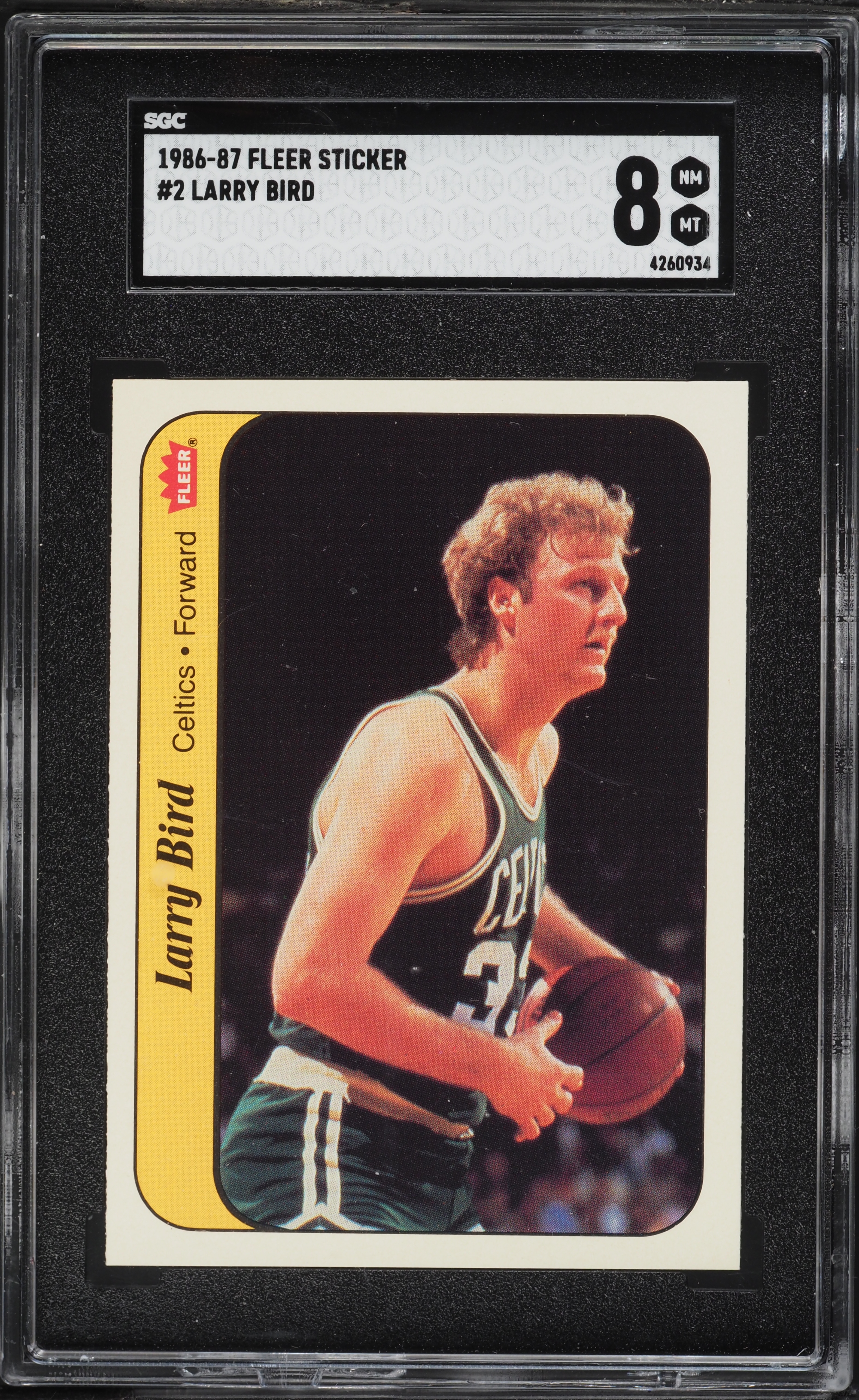 1986 Fleer Sticker Basketball Larry Bird #2 SGC 8 NM-MT on 