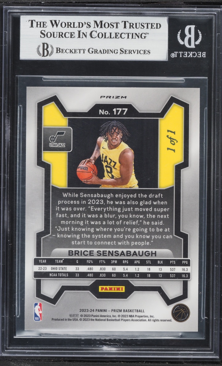 2023 Panini Prizm Black Shimmer FOTL Brice Sensabaugh ROOKIE 1/1 #177 BGS 8.5 NM-MT+